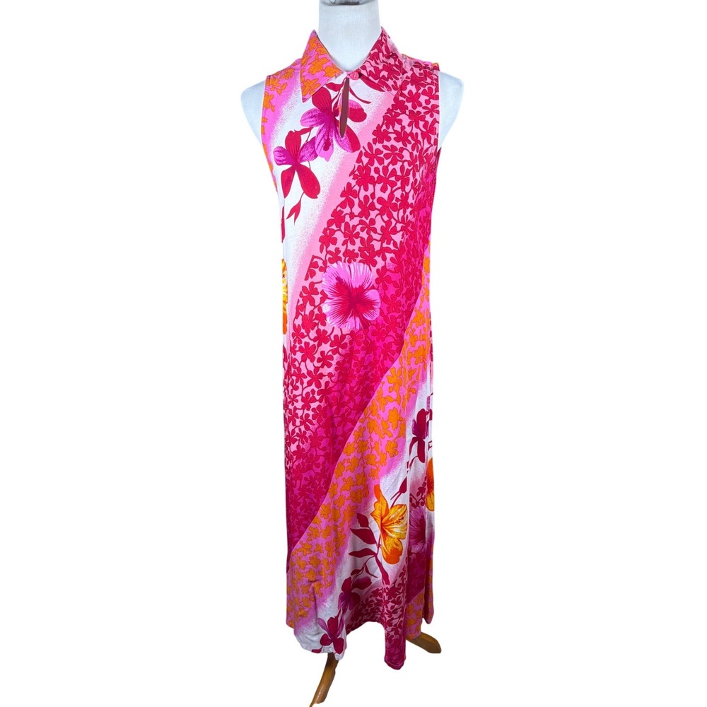 Desert Shores Pink Orange Tropical Floral Rayon Maxi Dress Womens Sm Sleeveless